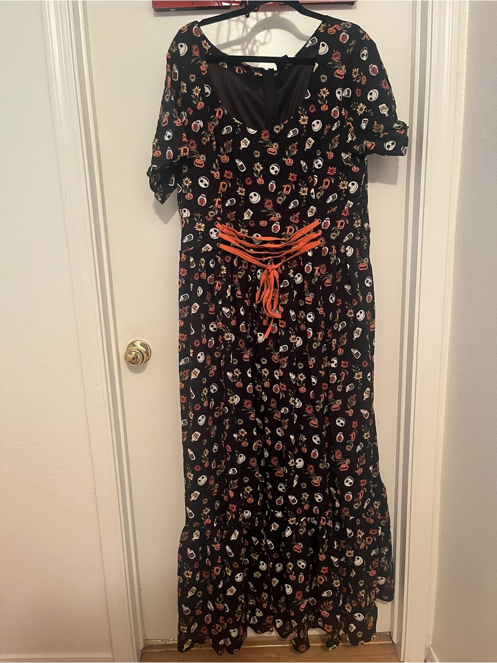 Disney Black Maxi Dress with Orange Lace-Up and Multicolor Print